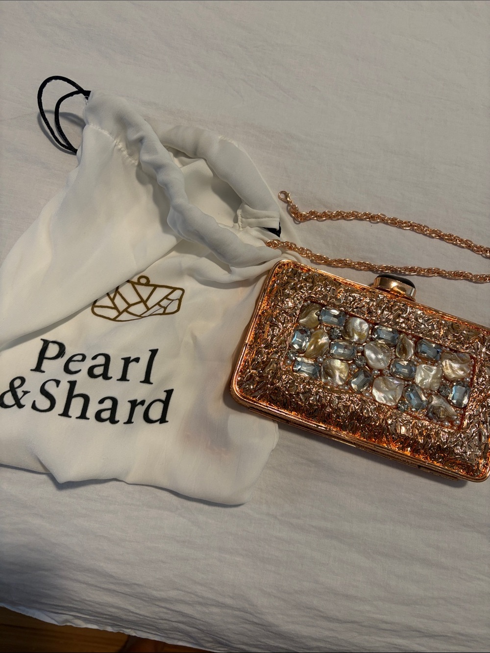 Pearl and Shard Rose Gold Beaded Clutch with Chain